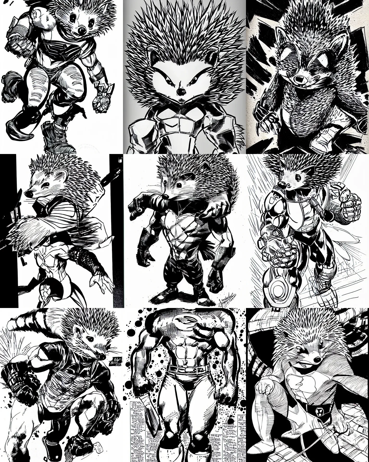 Prompt: hedgehog!!! jim lee!!! flat ink sketch by jim lee in the style of jim lee, comic book by jim lee
