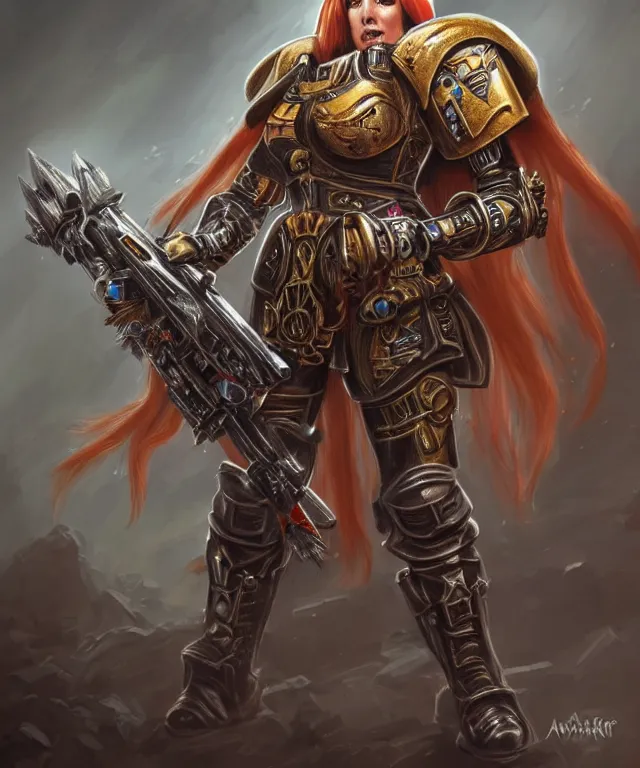 Image similar to Angela Rayner as a Warhammer 40k Battle Sister, portrait, highly detailed, intricate, concept art, artstation