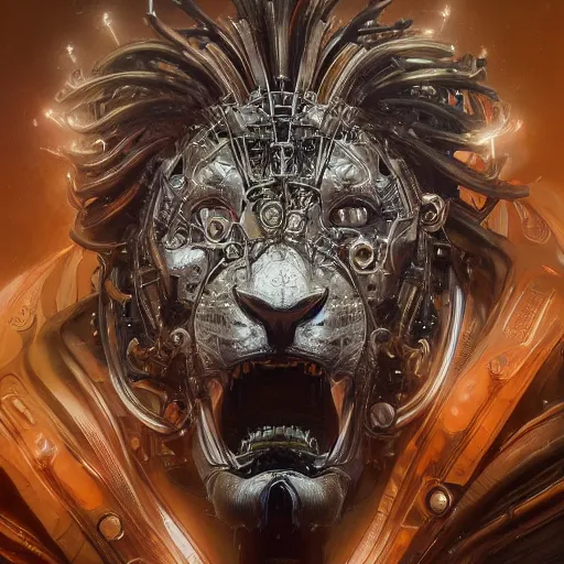 Image similar to a biomechanical lion made of scrap metal, cyberpunk, macro, intricate, elegant, highly detailed, digital painting, artstation, biolusence, concept art, sharp focus, art by artgerm and greg rutkowski and alphonse mucha, 8 k