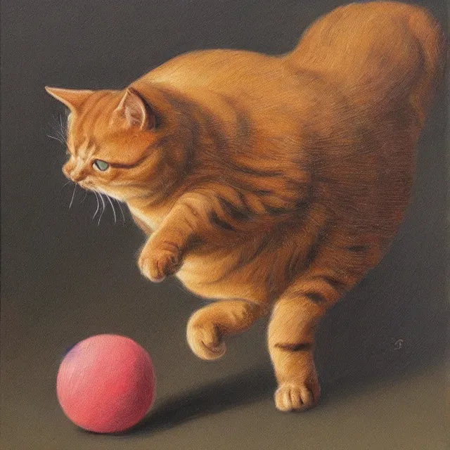 Image similar to a painting of a cat chasing a ball of yarn by johfra bosschart, dark fantasy art, high detail, trending on artstation