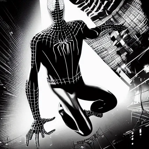 Image similar to SpiderMan vs. Doctor Octopus in Sin City movie, incredibly detailed, photorealistic, black and white, cinematic lighting, trending on artstation, 4k, hyperrealistic