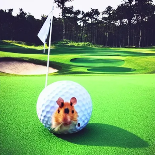 Image similar to “ hamster coming out of a golf hole, golf flag next to the hole ”