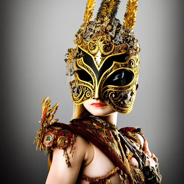 Prompt: full body portrait photo of a female warrior with ornate venetian mask, highly detailed, 8 k, hdr, close up, smooth, sharp focus, high resolution, award - winning photo