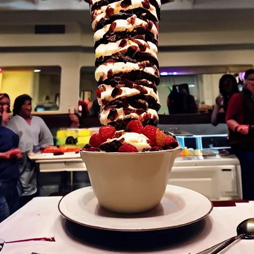 Image similar to tallest ice cream sundae trifle ever, surrounded by crowd, flash photography