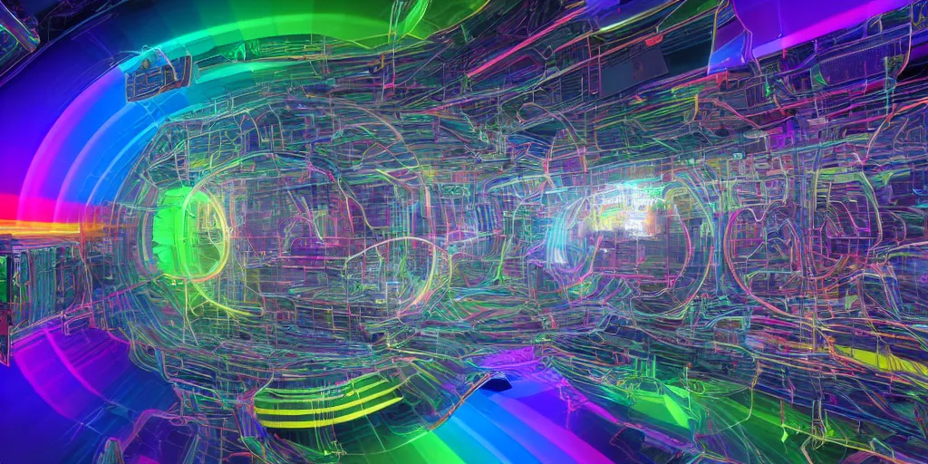 Prompt: A seamless 3D HDRI image of a rainbow colorspace of finely detailed interconnected circuitry showing the thought process of AI, insanely detailed, sci-fi, unreal engine 8K, futuristic