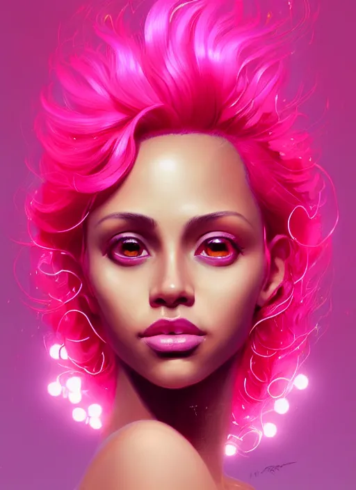 Image similar to portrait of vanessa morgan with bright pink hair, curly pixie cut hair, intricate, elegant, glowing lights, highly detailed, digital painting, artstation, concept art, smooth, sharp focus, illustration, art by wlop, mars ravelo and greg rutkowski