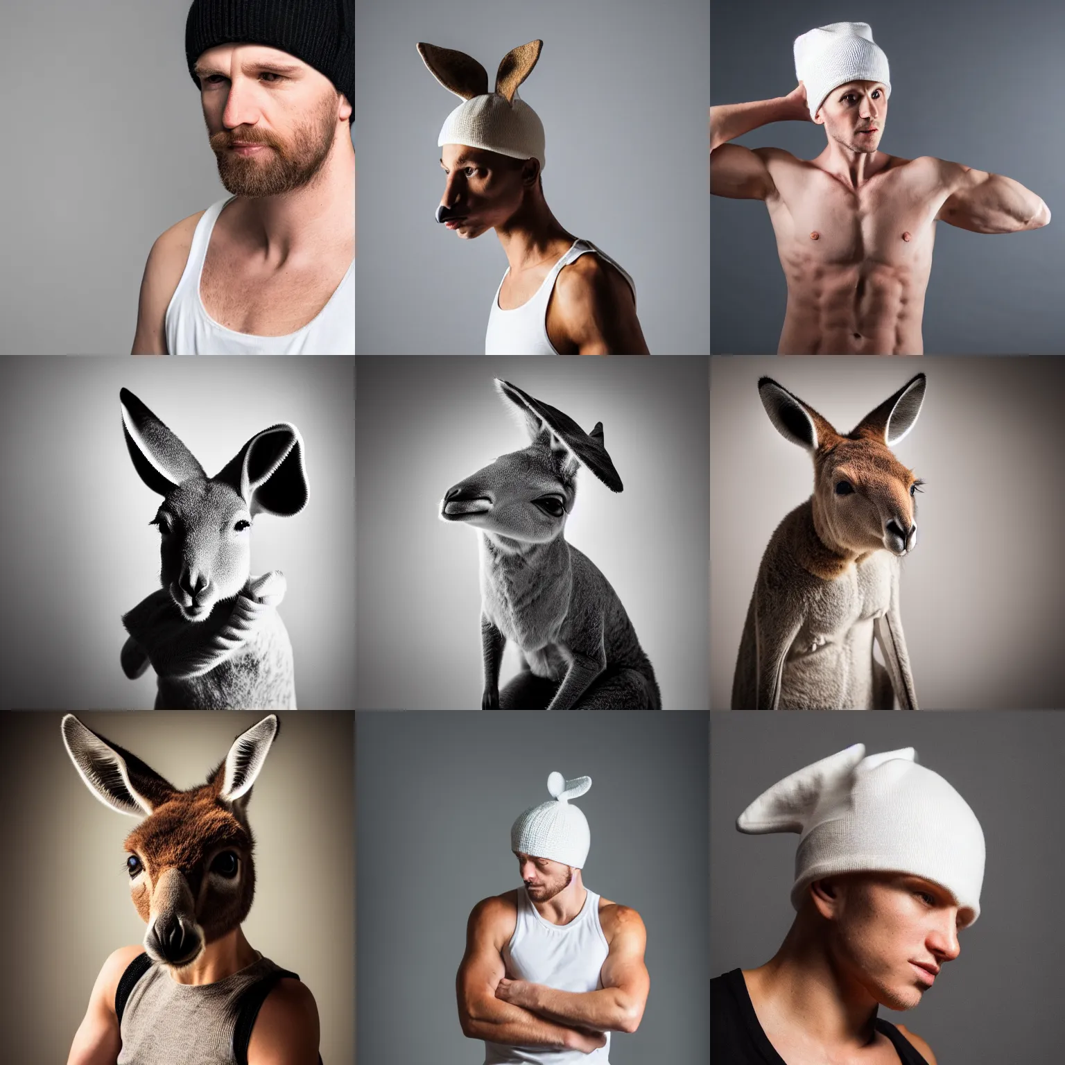 Prompt: kangaroo powerifter wearing a white tank top shirt and winter hat , studio photoshoot dramatic light , very sharp detail , aggressive pose