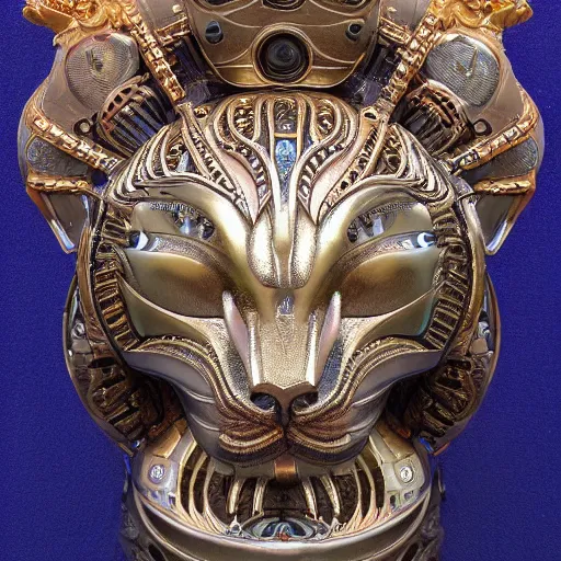 Image similar to beautiful sculpture of an ornate mechanical robot cat head, by annie swynnerton and diego rivera and nicholas roerich and jean delville, symbolist, dramatic lighting, god rays, elaborate geometric ornament, art brut, soft colors, smooth, sharp focus, extremely detailed, adolf wolfli and ( donato giancola )