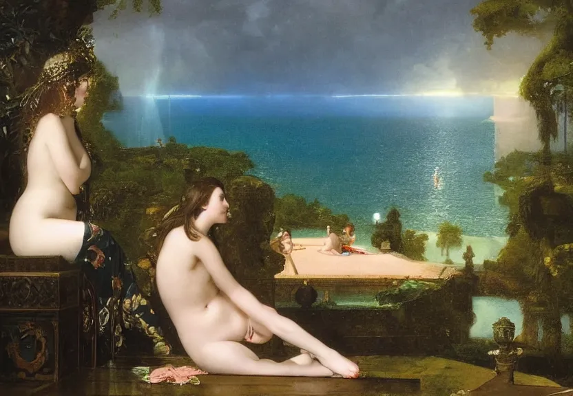 Image similar to Girl at the palace, refracted sparkles, thunderstorm, greek pool, beach and Tropical vegetation on the background major arcana sky, by paul delaroche, hyperrealistic 4k uhd, award-winning, very very very detailed