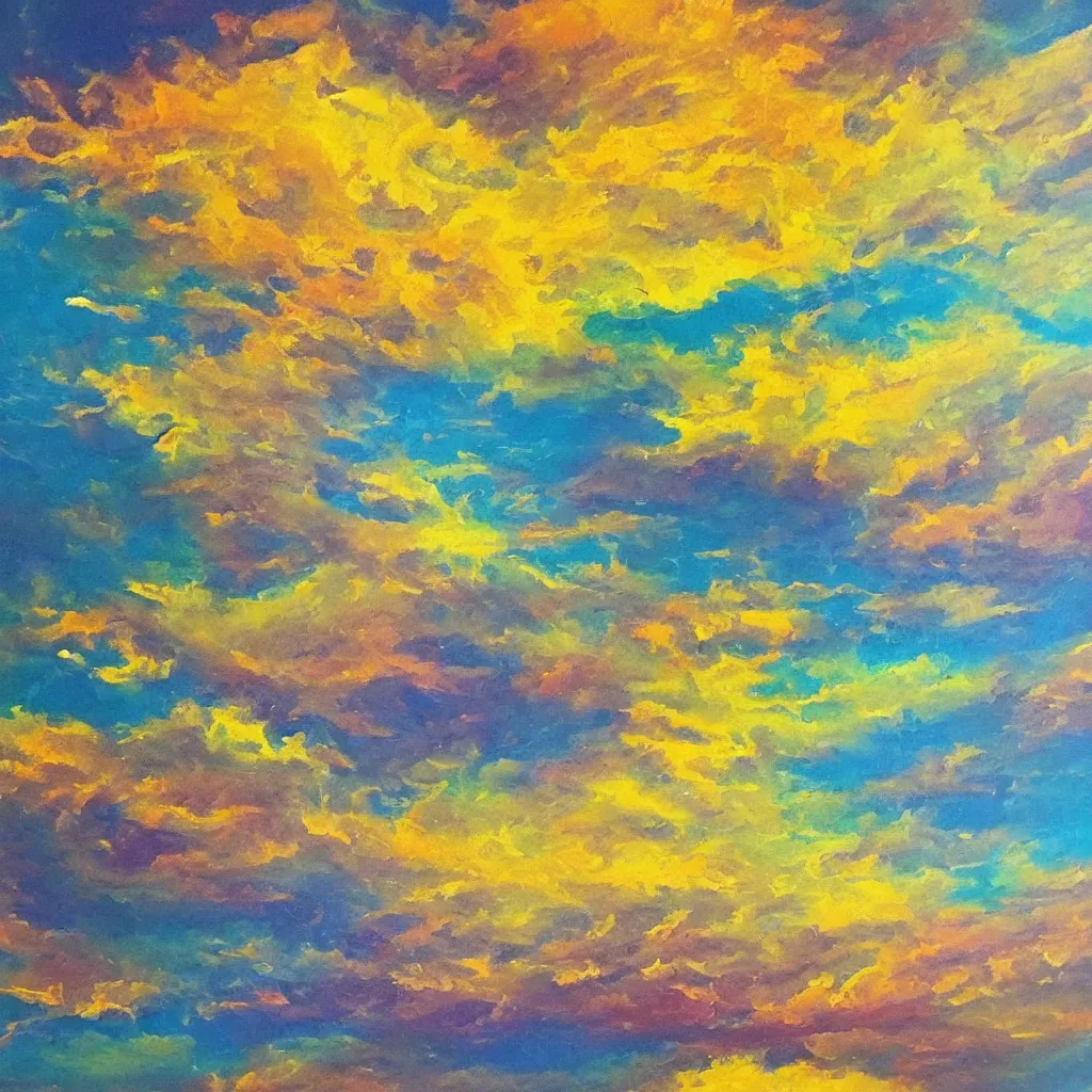 Prompt: large different coloured clouds painted in 2 inch thick!!! impasto shiny dripping oil paint