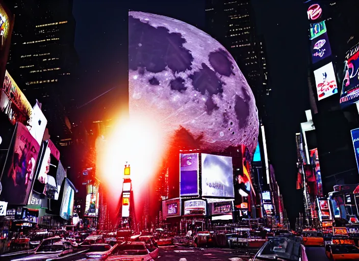 Prompt: film still of the moon shattering into pieces exploding moon over time square in the new disaster, 8 k, night time