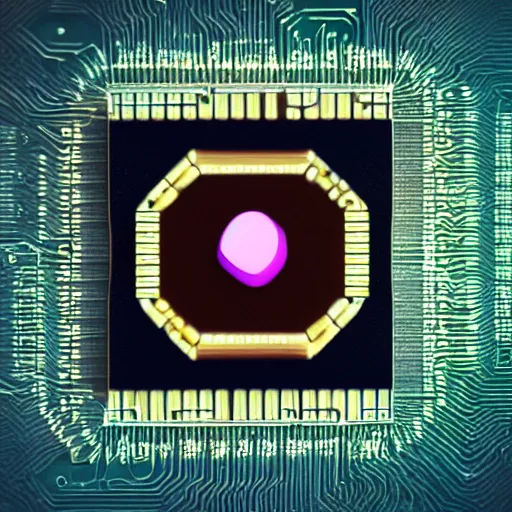 Prompt: magic golden computer chip with a glowing flat crystal in the center, product photo, macro, trending on artstation