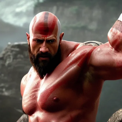 Image similar to Film still of Dwayne Johnson as Kratos, from God of War (2018 video game)