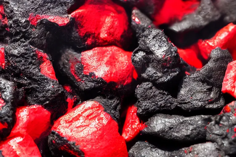 Prompt: smoldering hot black and red coals, closeup macro photo, ultra details,