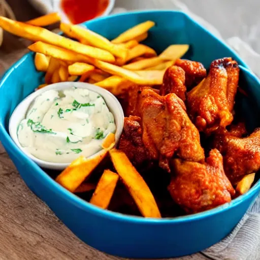 Image similar to a bowl of chicken wings in a red basket with lots of hot sauce and bleu cheese dip on the side with fries