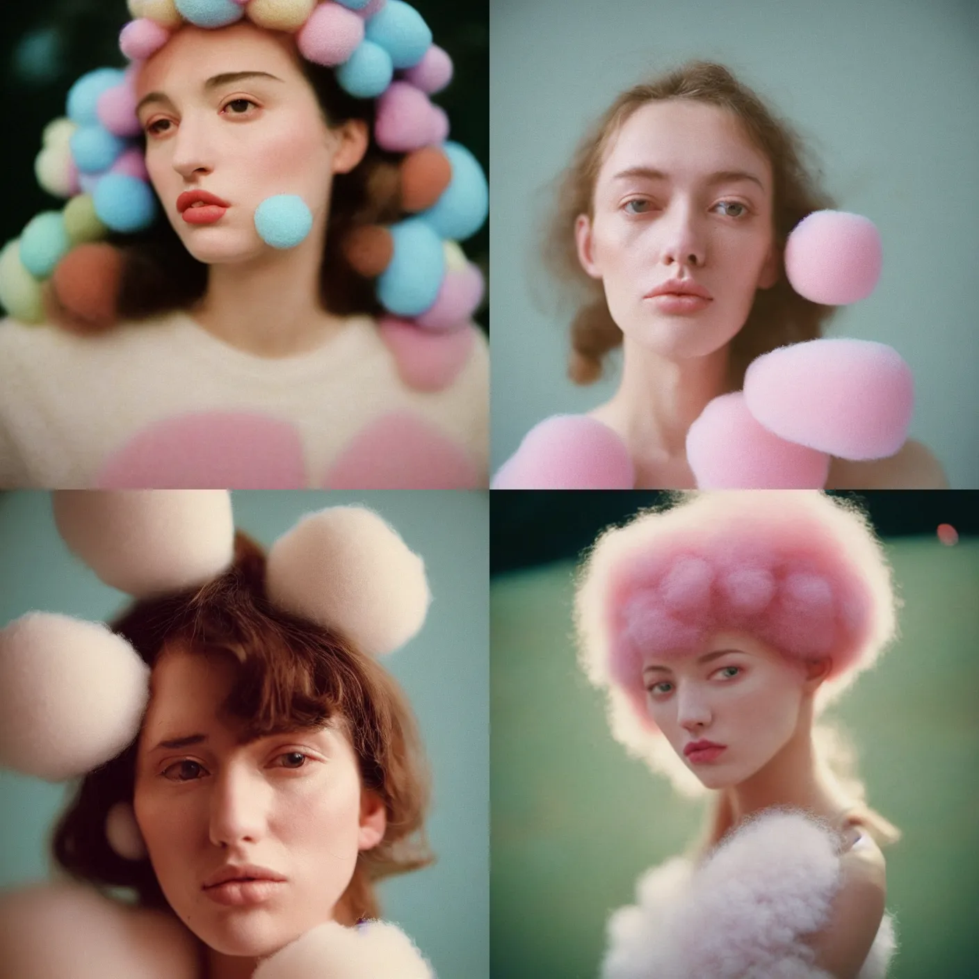 Prompt: An vintage analog head and shoulder frontal face portrait photography of a woman surrounded!! by thousand! fluffy soft giant!! oversized!! pastel colorful cotton balls by tim walker. Kodak Portra 800 film. shallow depth of field. (Depth of field). whirl bokeh!!. Golden hour. detailed. hq. realistic. warm light. muted colors. dark Mood. Filmic. Dreamy. lens flare. Mamiya 7ii, f/1.2, symmetrical balance, in-frame