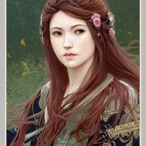 Prompt: Masterpiece head and shoulders portrait of a female Kazuto Kirigaya Kirito, young woman with pink long hair and bangs and wearing a long black coat breast-armor showing through, face, fantasy, intricate, elegant, highly detailed drawn by Donato Giancola and Fernanda Suarez and Artem Demura, face by Artgerm and Edmund Leighton, Alphonse Mucha, background by James Jean and Gustav Klimt, 4k, porcelain skin, komorebi, french nouveau, trending on pixiv, octane render, hyperrealistic