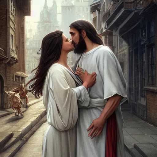 Image similar to jesus kissing a woman in a street, elegant, highly detailed, digital painting, artstation, concept art, matte, sharp focus, highly detailed, 4 k, hdr, smooth, sharp focus, high resolution, award - winning photo, photorealistic, art by artgerm and greg rutkowski and alphonse mucha, large shot