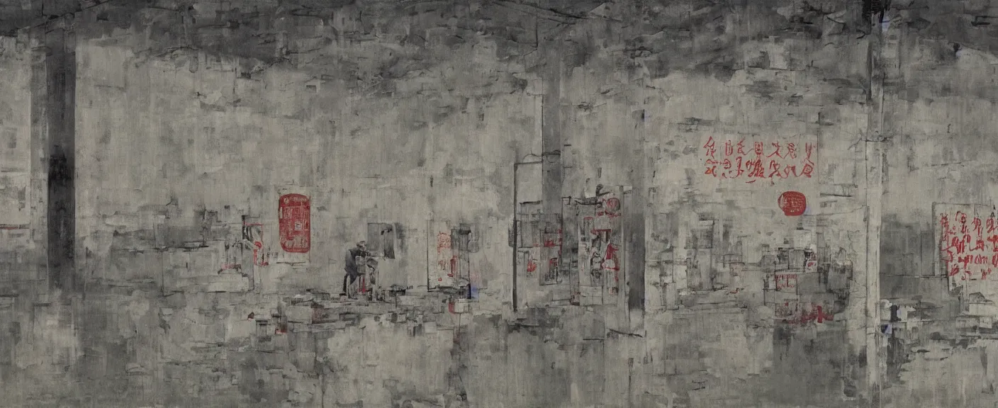 Image similar to a chinese prison near a river by peter doig, muted colors, overlaid with chinese adverts