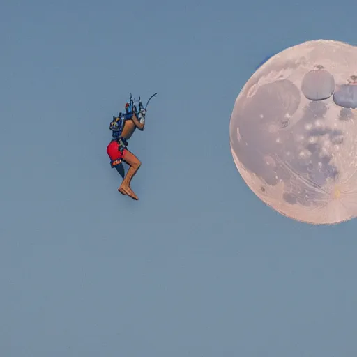 Prompt: a man wearing swimming trunks using a jetpack to fly to the moon. photographic, photography