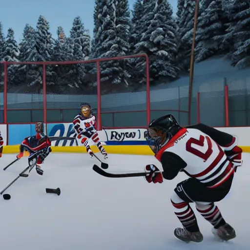 Image similar to cats playing ice hockey, unreal engine 5 4 k, hyperdetailed photorealism, extremely high quality