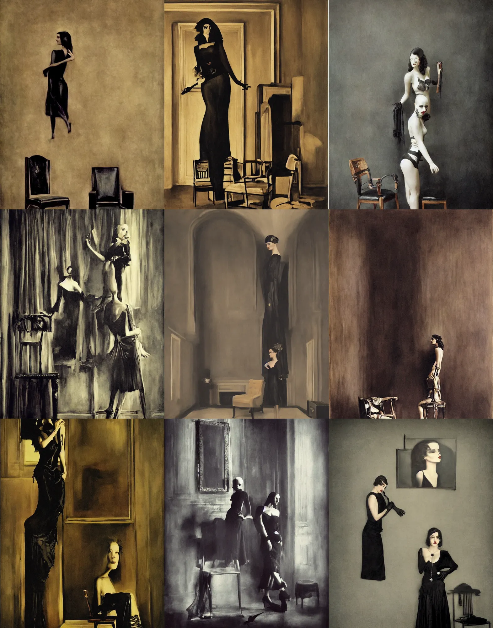 Prompt: a woman standing in a room with a chair, an art deco painting by annie leibovitz, deviantart, gothic art, gothic, goth, dark and mysterious