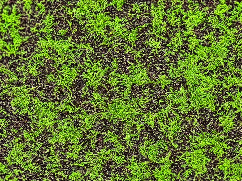 Prompt: a close-up moss as under a microscope, flora world, microworld
