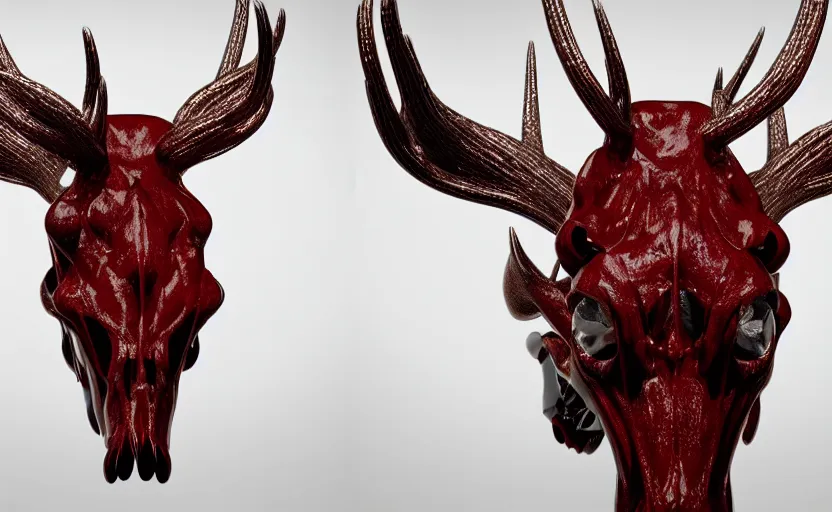 Image similar to stylized shiny polished silver statue bizarre cosmic horror quadruped animal moose deer skull four legs made of slug creature tendrils, perfect symmetrical body, perfect symmetrical face, hyper realistic, hyper detailed, by johannen voss, by michelangelo, octane render, blender, 8 k, displayed in pure white studio room anatomical deep red arteries veins spaghetti flesh