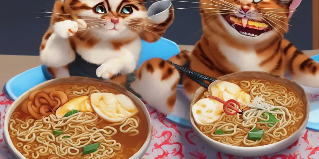 Prompt: A happy cat holding chopsticks and eating a bowl of ramen, hyper realistic, insane detail, Pixar