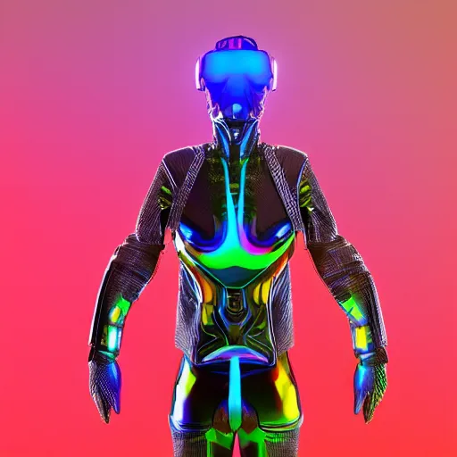 Prompt: futuristic vitalik buterin wearing skin tight rainbow leather optical camouflage armor, night goggles and an exoskeleton, trending on artstation