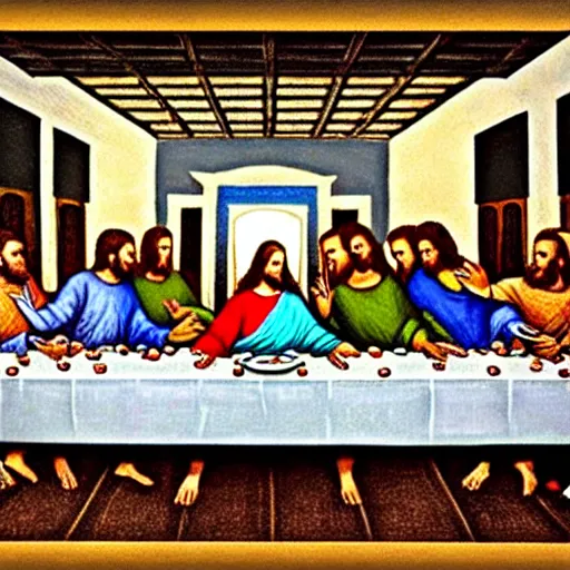 Image similar to The Last Supper but it's very creepy and distorted, dark color palette