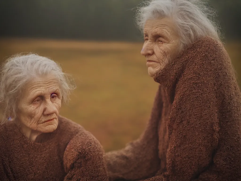 Image similar to medium shot portrait bust of old woman sitting on fence, tired expression, faded color film, russian cinema, tarkovsky, technicolor, heavy forest, wood cabin in distance, shallow depth of field, long brown hair, old clothing, heavy fog, brown color palette, sunset, low light, hudson river school, 4 k, dramatic lighting
