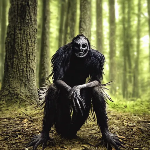 Image similar to werecreature consisting of male human and crow, photograph captured in a forest