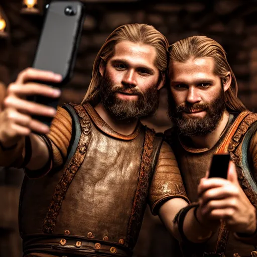 Prompt: Two viking brothers taking a selfie in a crowded tavern, dof, Octane Render, intricately detailed, 8k