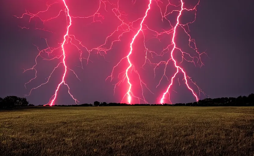 Prompt: red lightning bolts shoot from the ground, dark night, field, fire is visible on the horizon, high contrast, unsettling photo