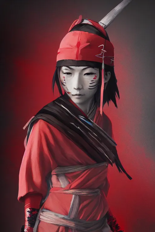 Image similar to full body native japanese young woman dressed like shinobi ninja, focused stare, partially masked, highly detailed, photobash, photorealistic render, trending on artstation, character design, red background, cinematic lighting