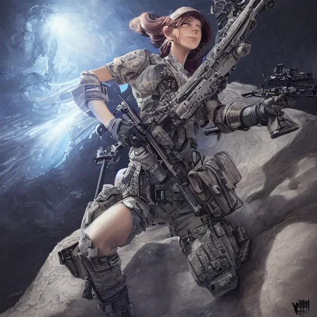 Image similar to the portrait of lawful neutral female futuristic marine sniper as absurdly beautiful, gorgeous, elegant, young gravure idol, an ultrafine hyperdetailed illustration by kim jung gi, irakli nadar, intricate linework, bright colors, octopath traveler, final fantasy, unreal engine 5 highly rendered, global illumination, radiant light, detailed and intricate environment