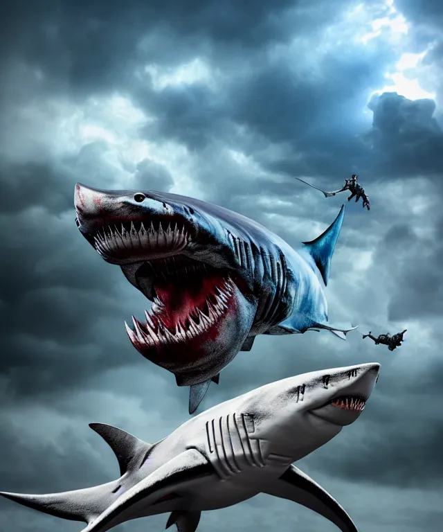 Image similar to hyperrealistic rendering, epic boss battle, epic shark king overlord, by art of skinner and richard corben, product photography, collectible action figure, sofubi, hottoys, storm clouds, outside, lightning