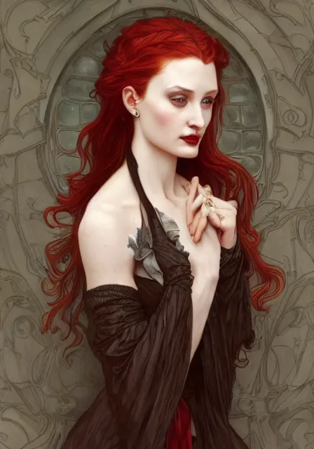 Image similar to sansa angeline jolie gessica chastain victorian vampire, intricate, elegant, highly detailed, digital painting, artstation, concept art, smooth, sharp focus, illustration, art by artgerm and greg rutkowski and alphonse mucha and william - adolphe bouguereau