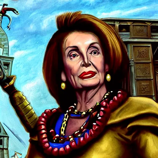 Image similar to nancy pelosi standing in front of 1 6 th century backdrop replacing vigo the carpathian, scourge of moldavia. she ominously stares. painting by lou police for ghostbusters 2.