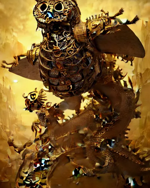 Image similar to oil painting of ornate intricate golden Steampunk owl Golem fighting chinese dragon, sharp focus, fantasy style, steampunk city background, octane render, volumetric lighting, 8k high definition, by greg rutkowski, highly detailed, trending on art Station