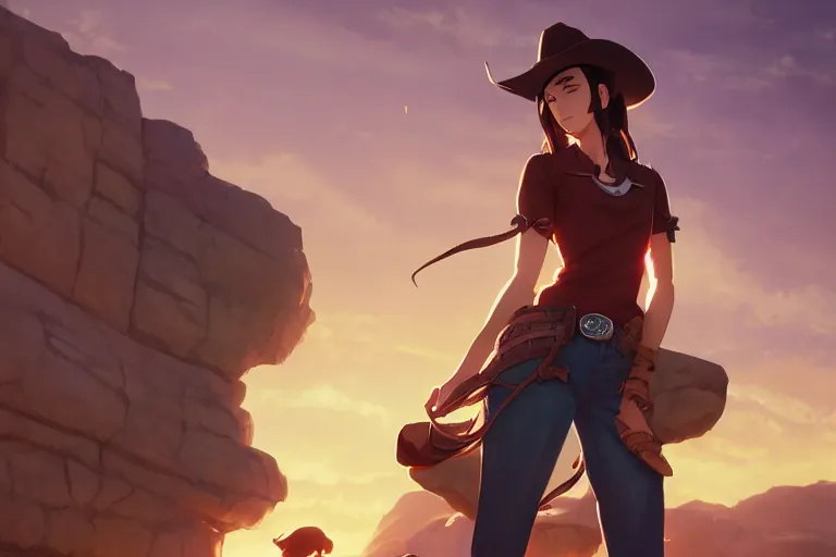 Image similar to western cowgirl smouldering, single centered subject, mid shot, ambient lighting, detailed face, by makoto shinkai, stanley artgerm lau, wlop, rossdraws