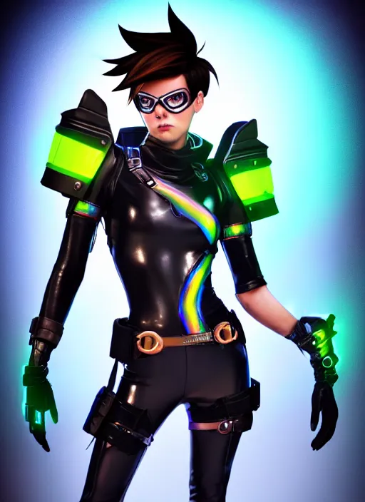 Image similar to full body digital artwork of tracer overwatch, wearing black iridescent rainbow latex, 4 k, expressive happy smug expression, makeup, in style of mark arian, wearing detailed black leather collar, wearing sleek armor, black leather harness, expressive detailed face and eyes,