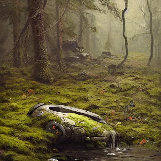 Prompt: ancient stone roboter overgrown with moss and farn resting beside a pond inside a forest, oil painting, by Greg Rutkowski