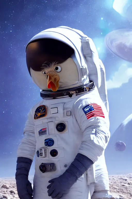 Image similar to a chicken wearing a astronaut suit in a alien planet, profile picture, digital art, concept art, trending on DeviantArt, highly detailed, high quality, 4K, cartoon, high coherence, path traced, blue sky in the background, octane render, digital painting, no helmet, masterpiece