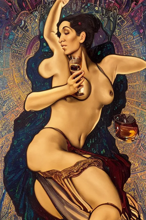 Image similar to a dramatic, epic, ethereal painting of a !!!gorgeous!!! kim kardashian sweating and oily offering a whiskey bottle | relaxing by a campfire | background is a late night with food and jugs of whisky | cute | stars, tarot card, art deco, art nouveau, mosaic, intricate | by Mark Maggiori (((and Alphonse Mucha))) | trending on artstation