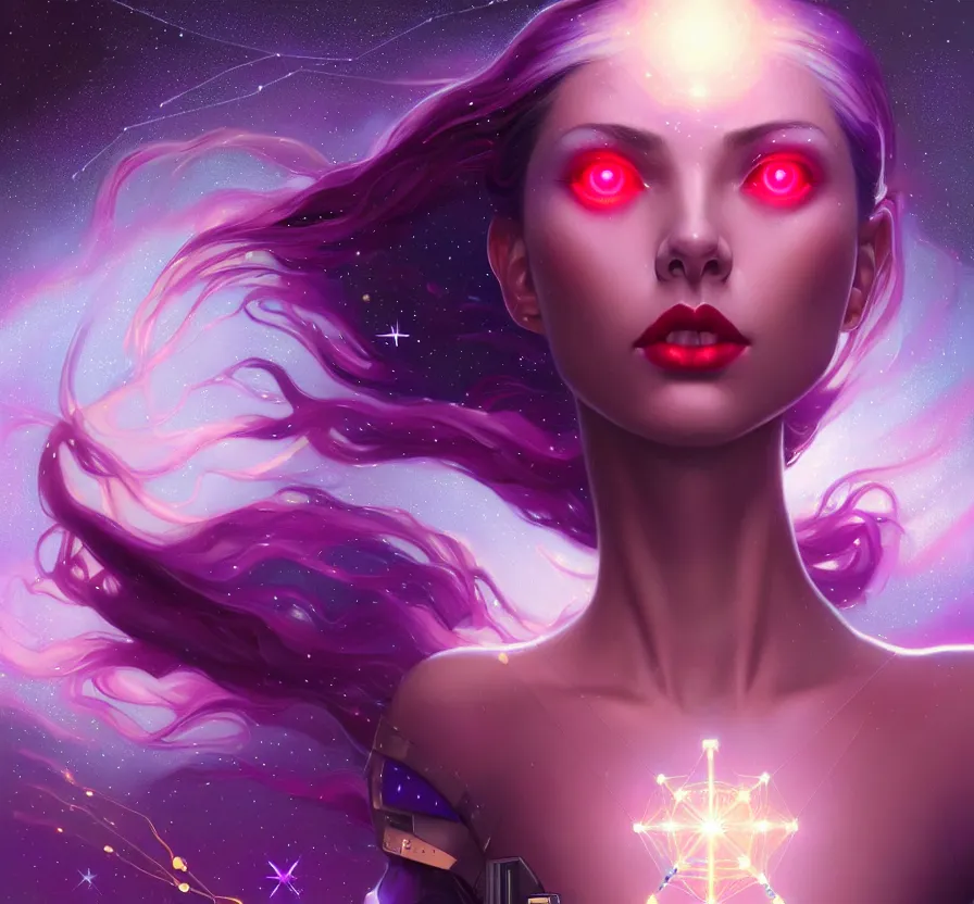 Prompt: beautiful cyber female with purple mechanic eyes and red lips, face, sci - fi, metal skinn, constellation geometry space mandal background, breathtaking stars, elegant, highly detailed, digital painting, artstation, concept art, smooth, sharp focus, spiritual art, art by artgerm and greg rutkowski and alphonse mucha, psychedelic, illustration, painting oil,