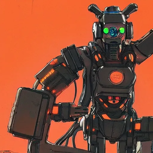 Prompt: cyberpunk athlete dude with robotic feet. orange and black color scheme. concept art by james gurney and mœbius. apex legends character art