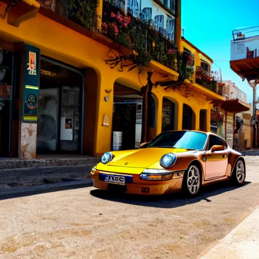 Image similar to Photo of a copper yellow Porsche 911 Carrera 3.2 parked in front of a cafe in Cyprus, daylight, dramatic lighting, award winning, highly detailed