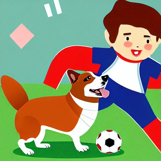 Image similar to illustration of french boy playing football with a corgi wearing a polka dot scarf in paris